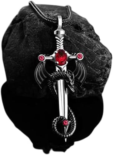 Collar de dragón para hombre, collar de espada de cruz de dragón gótico, collar con colgante de alas de dragón vikingo nórdico, collar de lata pura