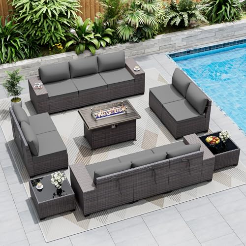 ASJMR Outdoor Patio Furniture Set with Fire Pit Table, 13 Pieces Outdoor Furniture Set Patio Sectional Sofa w/43in Propane Fire Pit, PE Wicker Rattan Patio Conversation Sets - Grey