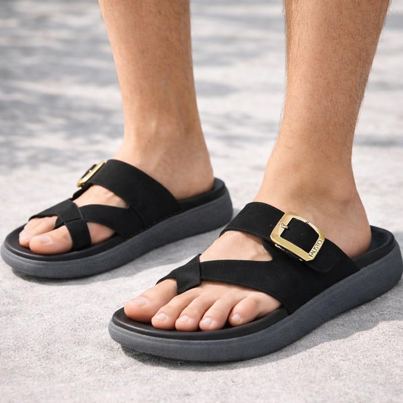 Image of FAUSTO Men Toe Ring Criss Cross Buckle Strap Side Stitched Waterproof Summer Slip On Sandals|Comfort Sole|Lightweight Slippers for Rainy Monsoon Season