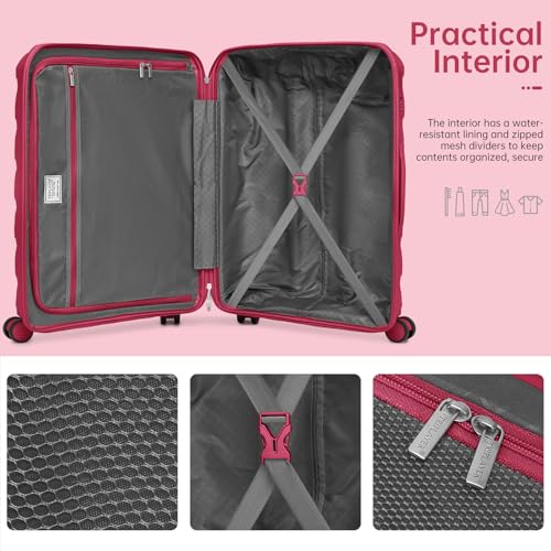 Image of Carry On Luggage 22x14x9 Airline Approved, 22 Inch PP Hardshell Luggage Carry-on Suitcase with Spinner Wheels, Carry On Suitcase Set for Women(Rose Red)