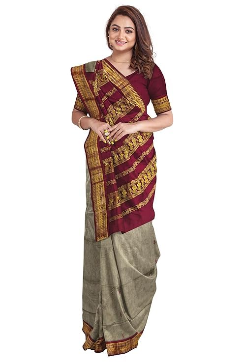 Image of ILAIYAAL CLOTHINGS Women's Kanjivaram Cotton Silk Saree South Indian Paithani Sari | gadwal cotton sarees with Zari Border and Blouse Piece - Suitable For All Indian Occasions and Festivals 191