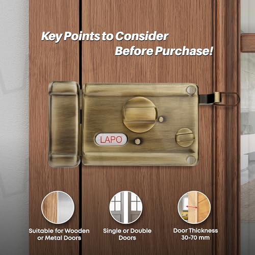 Image of LAPO Rim Lock, Dead Bolt Lock for Main & Safety Door, Twinbolt Ultra XL, Suitable for Single Wooden Door,3 Keys,Antique Finish,3 Years Warranty
