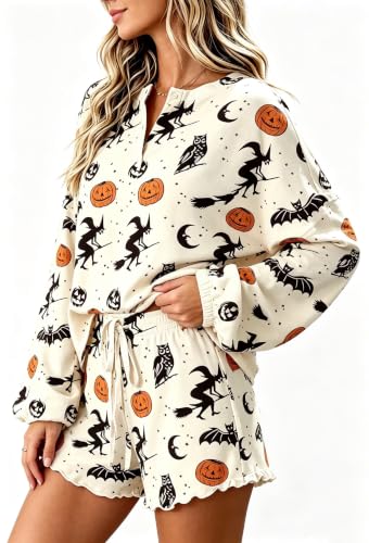 Image of Roshop Halloween Pajama Women's Pumpkin Matching Top & Shorts Loungewear Set