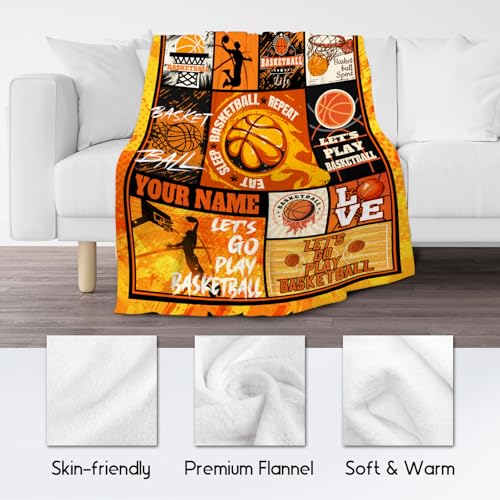 Custom Basketball Blanket - 40x50 Inches Sports Throw Blanket for Boys Kids - Orange Soft Fuzzy Blankets for Couch, Sofa & Office
