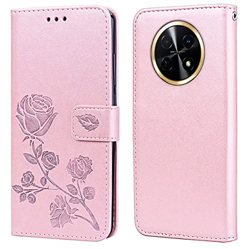 RankOne Custodia Portafoglio in Pelle per HUAWEI Nova Y91 (6.95' Inches), con Porta Carte Motivo Rosa Design Cover Folio Flip Case - Oro Rosa