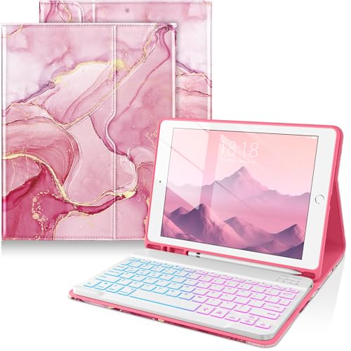 Image of DTTO for iPad 9th /8th /7th Generation 10.2 inch Case 2021 /2020 /2019 with Keyboard, 7 Colors Backlit Wireless Detachable Keyboard Premium Leather Folio Cover with Pencil Holder & Pocket, Watermelon Marble