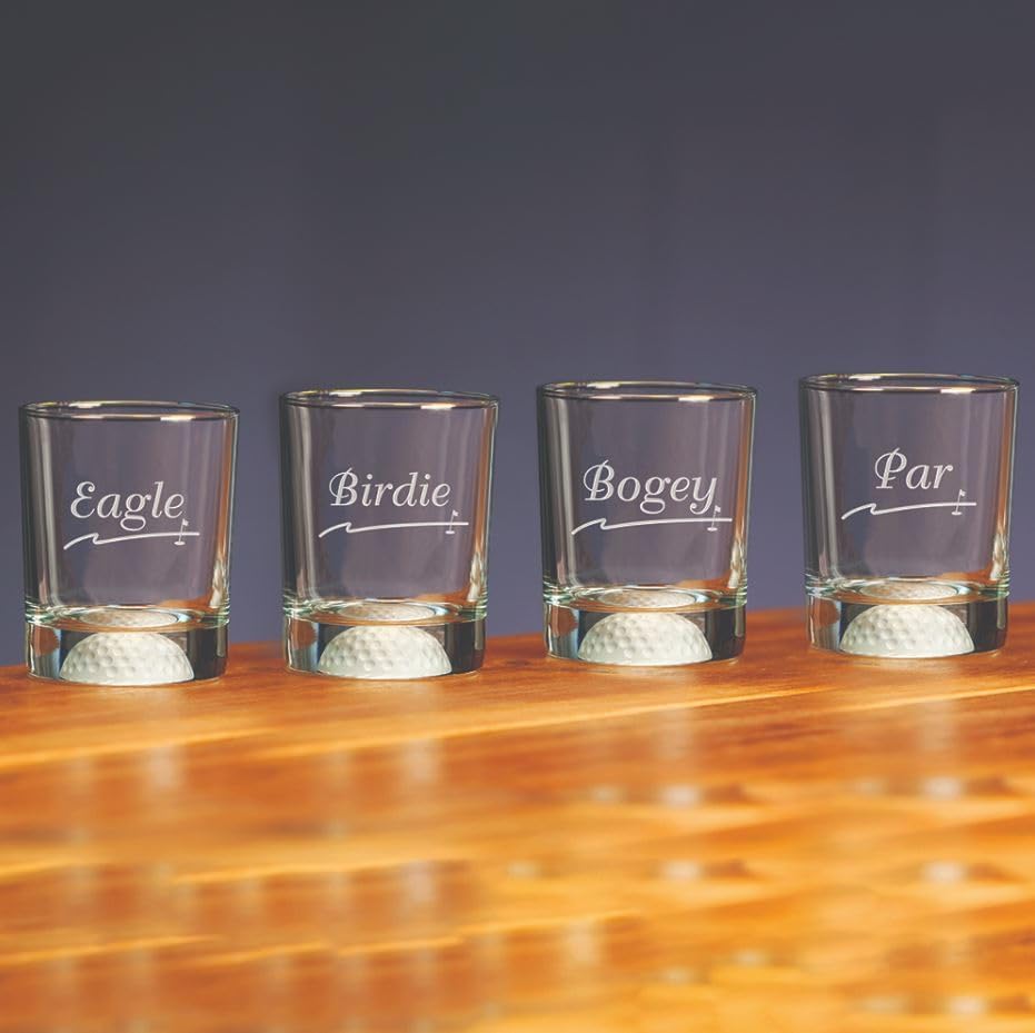 Fore Double Old Fashioned Golf Score Glasses | Set of 4 Glasses | 12.5oz each | Frosted Golf Ball Bottom