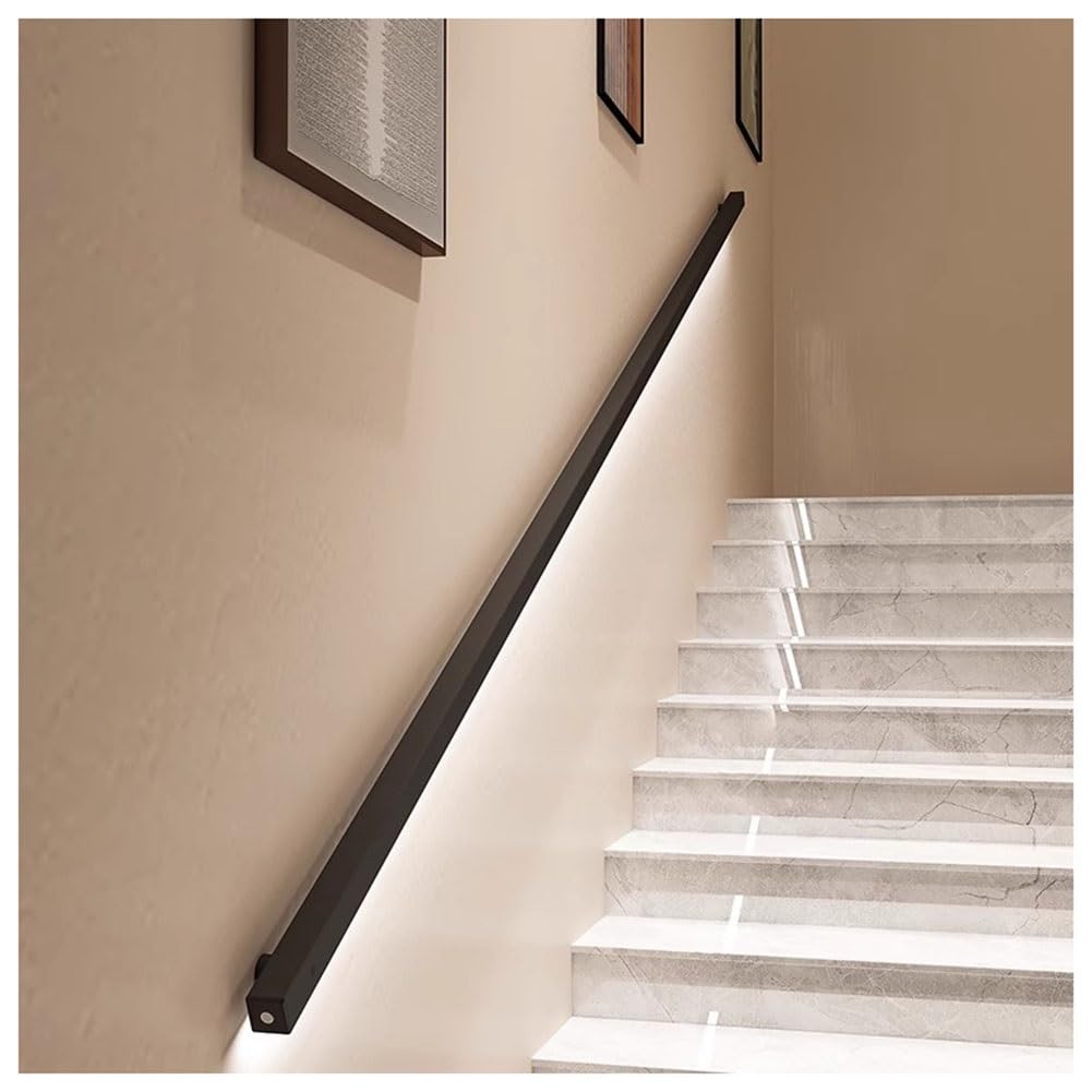 Barandilla de escalera interior LED con sensor corporal – Barandillas para montaje en pared, kit de barras de apoyo modernas con acabado negro, sin dirección