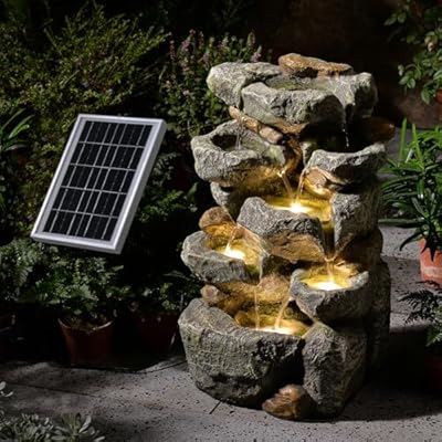 Solar Water Fountain Outdoor Garden,5 Tiered Cascading Rock Solar Powered Water Fountain Water Fall Fountains Outside with Lights for Backyard, Patio, Deck, Porch, 19.3" H x 12.2" L x 9.5" W