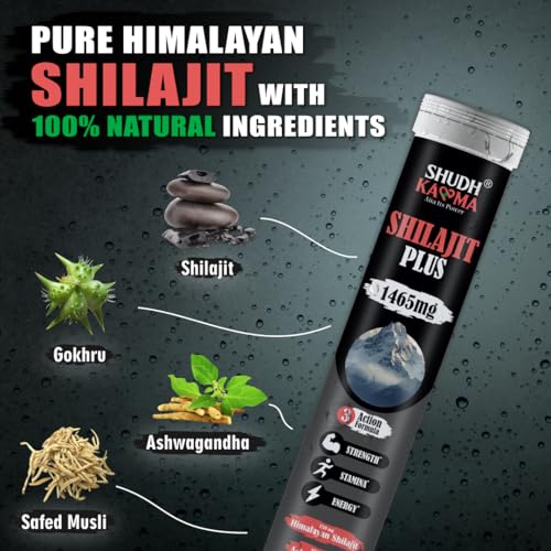 Image of Shudh Kaama Original Himalayan Shilajit /Shilajeet (750mg) Effervescent with Ashwagandha, Gokshura & Safed Musli for Strength & Muscle Gain - (Pack of 4) 80 Tablets