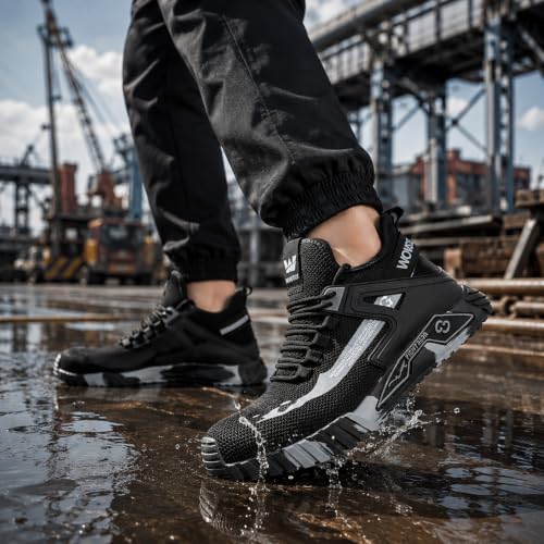 WOWSTICK Lightweight Work Safety Steel Toe Sneakers, Slip Resistant Breathable Light Construction Tennis Shoes, W27 Black 40 by WOWSTICK - Used condition - Image 2