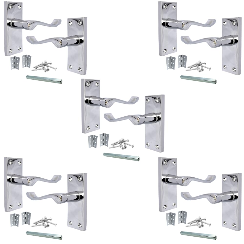 Haven Heritage Chrome 5 Sets Of Victorian Scroll Latch Door Handles Polished Hinges Latches Pack Sets 118Mm X 40Mm - Haven Heritage®
