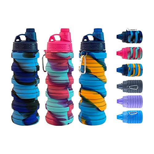 konlongzan Collapsible Water Bottles 3 pack Travel Water Bottle Portable Hiking Water Bottle with Leak proof Twist Cap 500ML Reusable BPA Free Silicone Water Bottles with Carabiner. (Colorful)