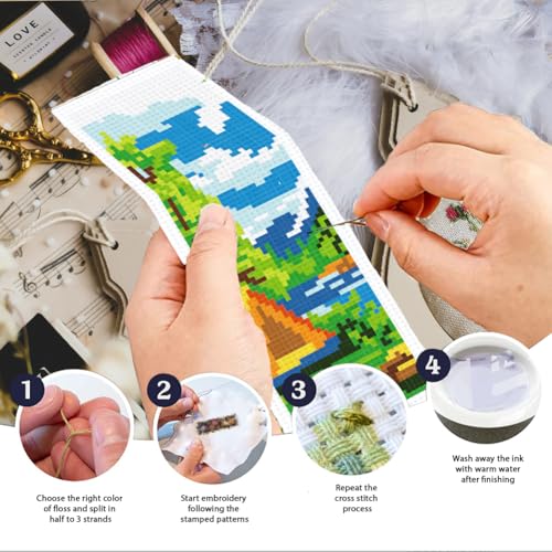 Image of INFUNLY 6pcs Camping Theme DIY Cross Stitch Bookmark Kits for Beginner Mountain View Stamped Embroidery Kits with Instruction Tourist Scenery Printed Bookmark Kit for Traveller Book Readers Writers