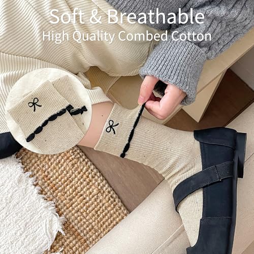 Image of Women's Cute Crew Socks, Casual Athletic Cotton Bowknot Cherry Calf Novelty Socks for Women