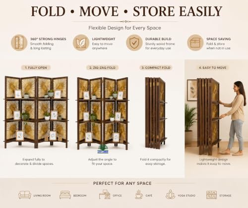Image of Elegant Wooden Room Divider Screen with Shelves | Foldable 4 Panel Privacy Partition Wall Featuring Golden Sunburst Art Design for Home, Living Room & Workspace