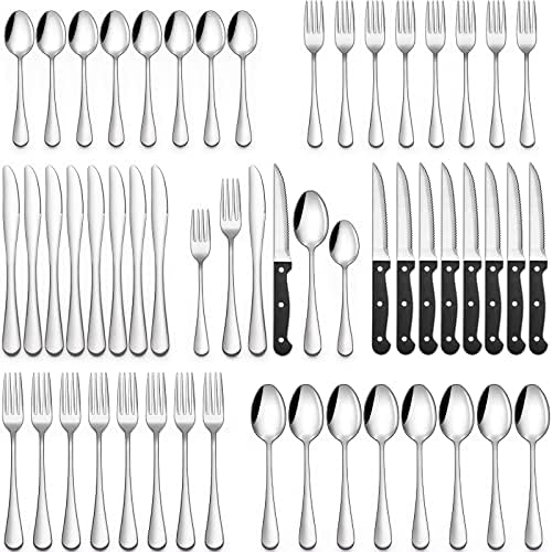 48-Piece Silverware Set with Steak Knives, Flatware Set for 8, Food-Grade Stainless Steel Tableware Cutlery Set, Utensil Sets for Home Restaurant, Mirror Finish, Dishwasher Safe