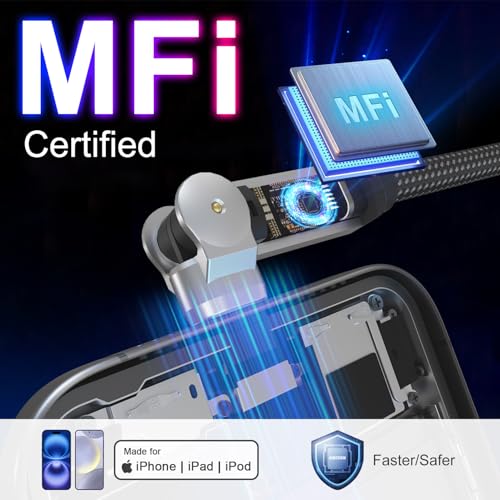 Image of 90 Degree USB C to Lightning Cable with 180Rotating Head - 6.6FT PD Fast Charger Type C to Lightning Right Angle Swivel Cable, MFi Certified Apple Carplay Cable for iPhone 14 13 12 11 X Xs Pro, iPad
