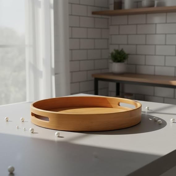 Round Bamboo Tray with Deconox Carrying Handle (30 cm) | Natural Wooden Serving Tray | Coffee, Breakfast and Decorative Desktop Organizer
