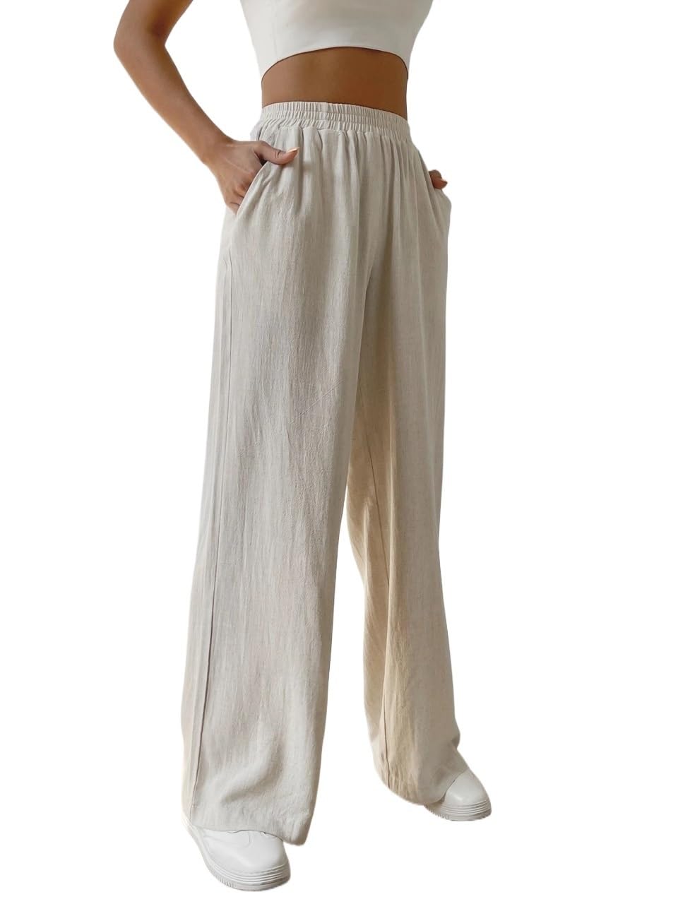 Womens Fall Solid Slant Pocket Wide Leg Pants Trousers Beige