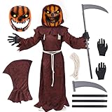 FORMIZON Halloween Kürbis Sensenmann Kostüm für Kinder, Gruseliges Kürbismaske Sensenmann Sense, Kürbis Vogelscheuche Sensenmann Kostüm für Jungen Mädchen Fasching Halloween Karneval Cosplay