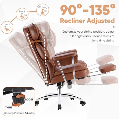 Image of Sweetcrispy Executive Home Office Desk Chair - Ergonomic Big Tall High Back with Footrest & Lumbar Support, Reclining Height Adjustable, Comfy PU Leather Computer Gaming with Swivel Wheels, Brown