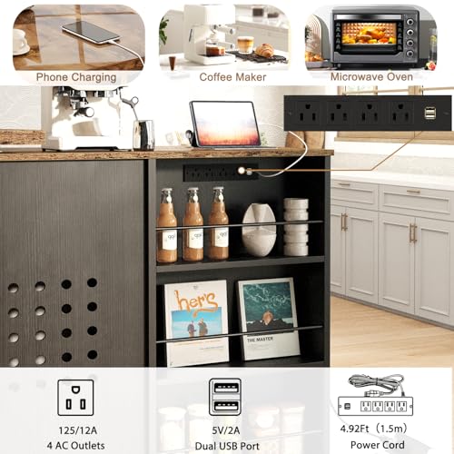 Image of HSH 71 inch Rolling Kitchen Island with Storage Seating on Wheels, Rustic Brown | Mobile Island Cart With 360 Swivel Tabletop, With Power Outlet, Storage Cabinet, Open Adjustable Shelves Fit In Microwave