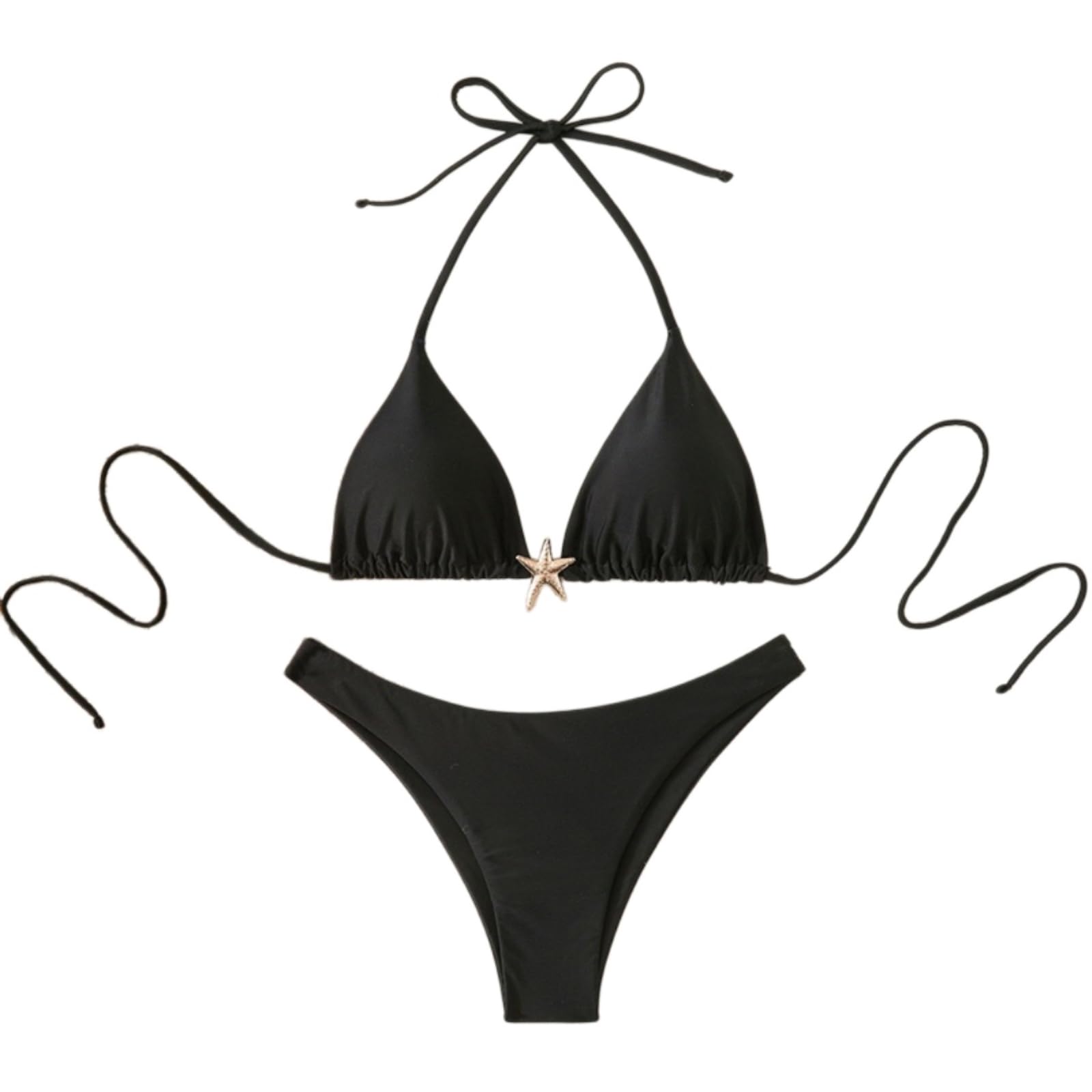 Bikini Donna Donne Halter Set Starfish Dettaglio Alto Taglio Due Pezzi Costumi da Bagno-Black-s