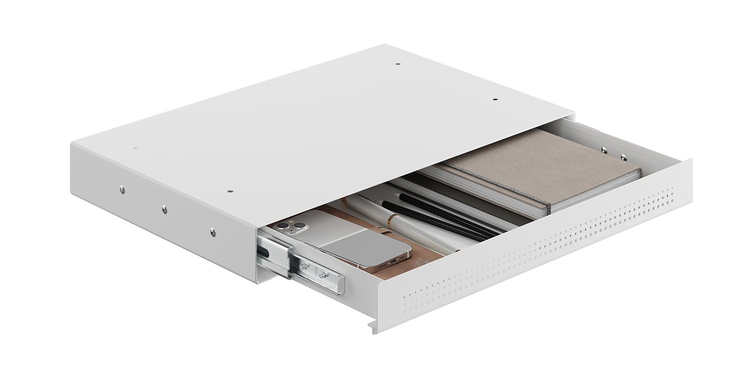Ergolutions® Unterbau Schublade Slimline Weiß - Flache, Einfache Montage, Vollauszug, Für Büromaterial, Laptop, Tablet, Stahl, Traglast 10kg, Für Steh-/Sitz-Schreibtische