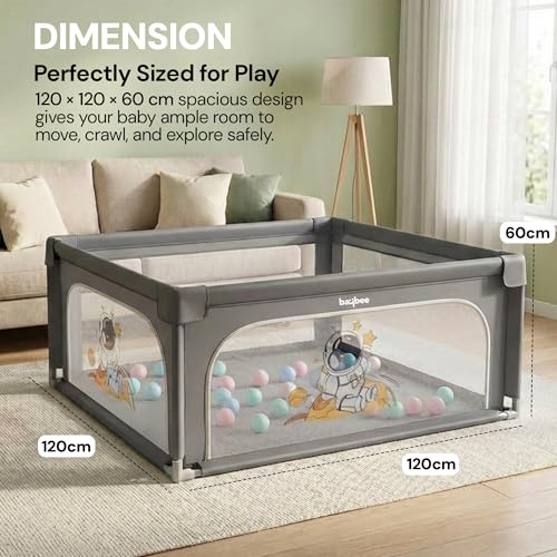 Image of Baybee 120 x 120 CM Kids Playpen for Babies with Colourful Balls | Baby Play Area Indoor Setup with Zipper Door & Toys Pouch | Kids Activity Play Gate Fence with Corner Protection | Outdoor play pen for baby for 0 - 5 years Boys Girls (Grey)