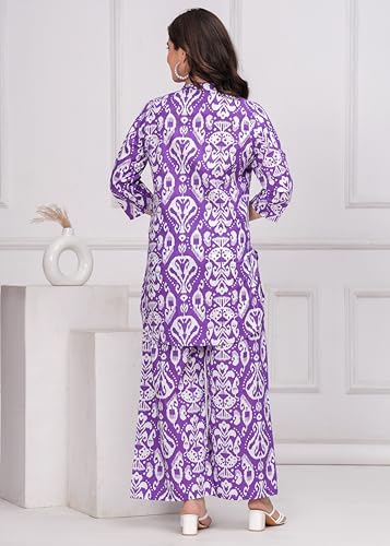 Image of Women's Pure Cotton Co-Ord Set | Three-Quarter Sleeves-Mandarin Collar Top & Palazzos | Printed Casual Wear Co-Ord Set for Women