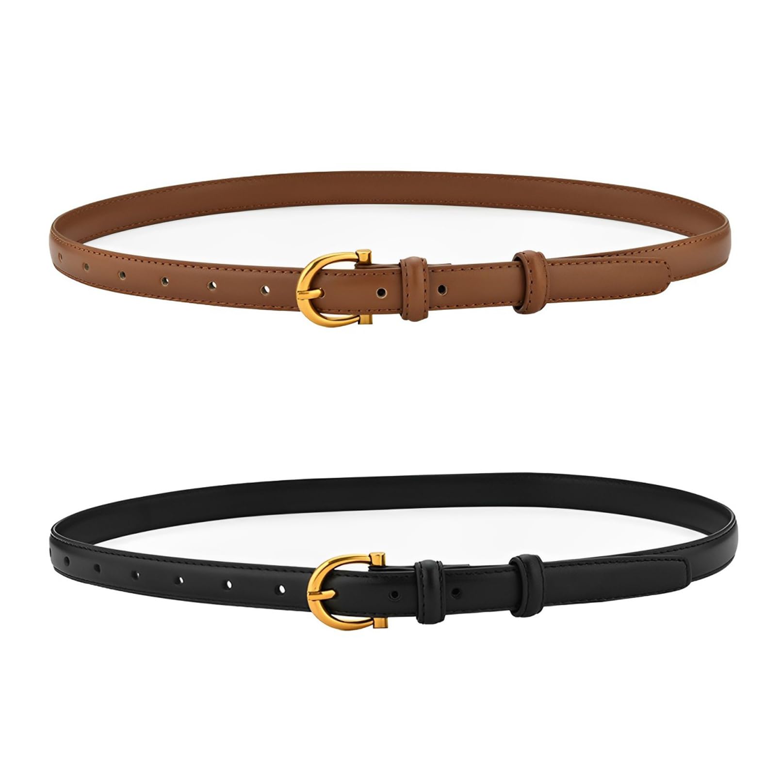 LEACOOLKEY 4 pezzi cinture sottili in pelle per donne abito skinny cintura in vita con fibbia in oro per jeans, A-nero bianco marrone caffè, (90cm)Passt für Taille 58cm-69cm