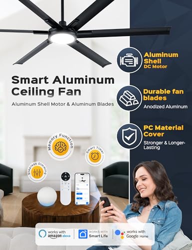 72 Inch Outdoor Ultra-Thin Ceiling Fan with Light,6 Black Aluminum Blades - image 2