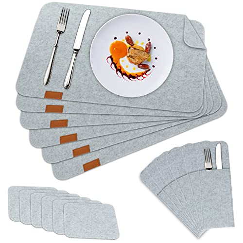 ProChosen Set de Table en Feutre résistant à la Chaleur - avec 6 Sets de Table antidérapants de 44 x 32 cm, 6 sous-Verres, 6 Poches à Couverts - pour la Maison, Le Couteau à rétropédalage Cover