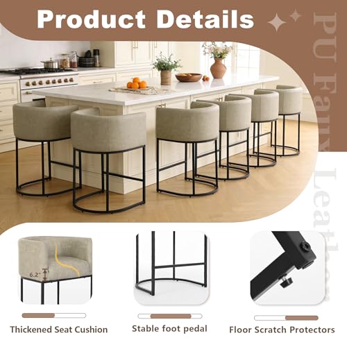 Image of 26 inch Counter Height Bar Stools Set of 3, Faux Leather Upholstered Barrel Chairs with Back and Arms, Metal Frame Kitchen Island Stools with Footrest, Stone Gray