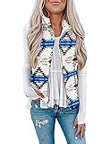 LOMON Women Fuzzy Sherpa Fleece Vest Sleeveless Lightweight Zip Up Jacket Winter Outwear Coat With Pocket Blue White Print M