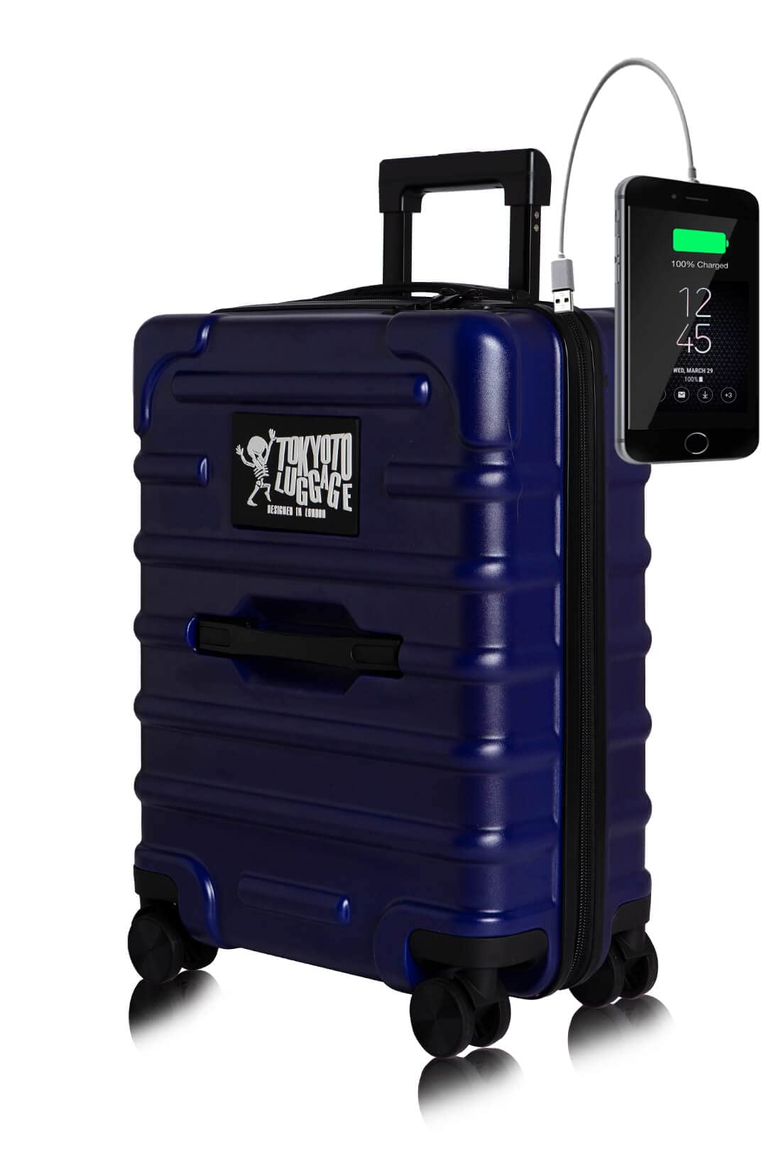 Bagaż kabinowy 55 x 38 x 20 cm walizka 50 cm w Ryanair Easyjet lekka twarda obudowa na 4 koła dzieci mały rozmiar ładowarka powerbank przygotowana niebieska od TOKYOTO Luggage (wózek i ładowarka)