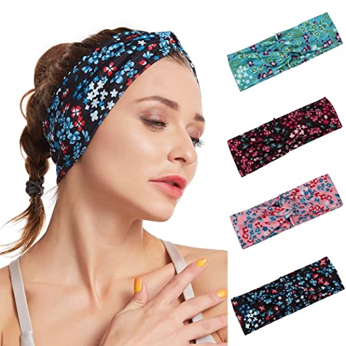 Norhogo 4 diademas elásticas con diseño de cruz bohemia, diadema anudada, banda elástica para la cabeza, diadema para yoga, para correr para mujeres y niñas