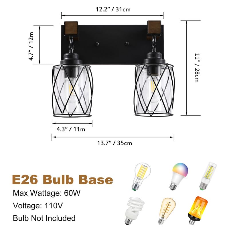 Image of Bathroom Light Fixtures, Farmhouse Wood & Black Metal with Glass Shade | 2 Light Rustic Vanity Lights, Mounted Over Mirror For Bathroom, Bedroom and Hallway, Easy To Install