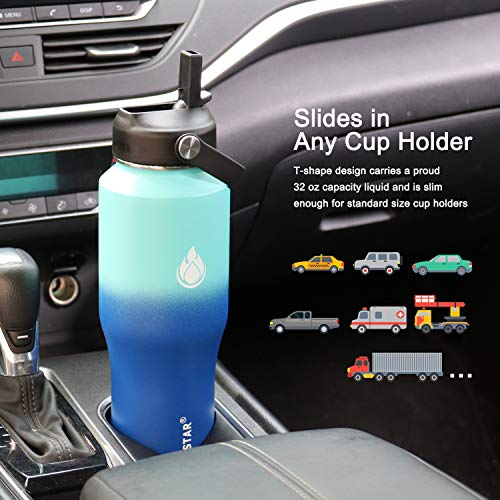 Image of SENDESTAR Water Bottle 32oz,2 Lids(Straw lid),Wide Mouth Stainless Steel Vacuum Insulated Double Wall Keep Liquids Cold or Hot All Day,Sweat Proof Sport Design,Fit Car Cup Holder(Mint&Cobalt)