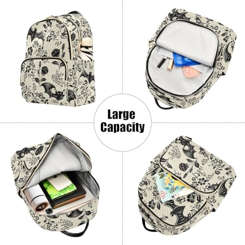 Image of Goth Bat Flowers Quilted Backpack Purse for Women Fashion Small Backpack M | Shoulder Bag Travel Casual Daypack
