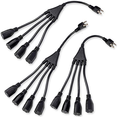 ClearMax 4 Way Power Splitter Cable, 3 Prong Power Extension Cord, Y Style Cable Strip Multiple Outlet Saver, 16 AWG 18 inches UL-Listed, 3 Pack Black