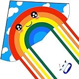 Huge Rainbow Delta Kites for Kids and Adults-60 Wide with 9.5' Long Tail- Easy Flyer - Kit Line and Swivel Included- Good for Outdoor Games and Summer The Beach Toys for Kids