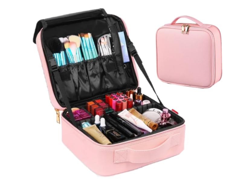 Premium Quality Makeup Bag| Cosmetics Travel Organizer| Pink Waterproof with Adjustable Division Hard Case…