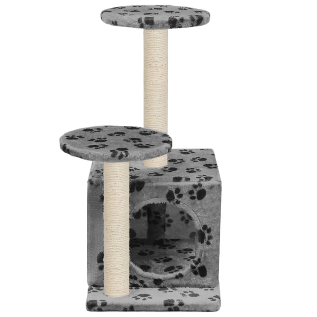 Katzenkratzbaum 60 cm hoch, Kratzbaum für Kätzchen mit gemütlicher Katzenhöhle, Sisal-Kratzsäule und Plattform, Plüsch Kletterbaum für Katzen, Grau mit Pfotenmuster