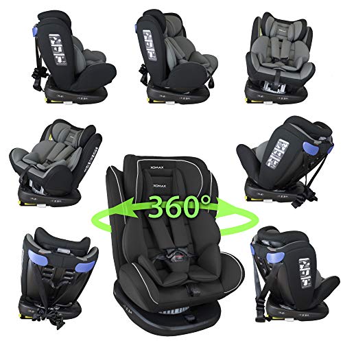 XOMAX 916 Kindersitz drehbar 360° mit ISOFIX und Liegefunktion I mitwachsend I 0-36 kg, 0-12 Jahre, Gruppe 0/1/2/3 I 5-Punkt-Gurt und 3-Punkt-Gurt I Bezug abnehmbar, waschbar I ECE R44/04