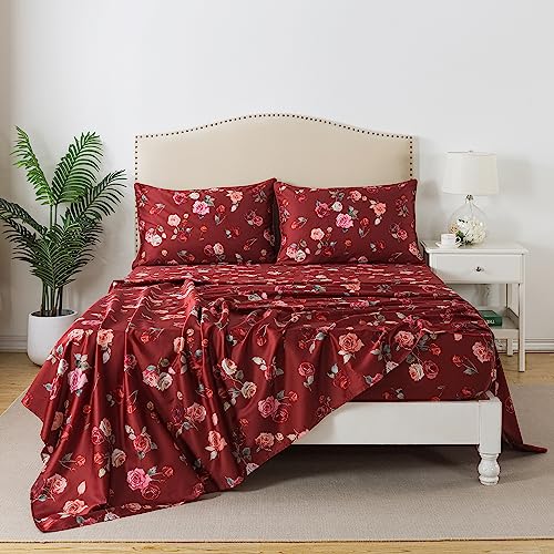 Image of FADFAY Red Rose Sheets Set Full Vintage Rose Floral Bedding Chic Rose Flower Bed Sheets Shabby Farmhouse Bedding 100% Percale Egyptian Cotton 800 Thread Count Deep Pocket Fitted Sheet 4Pcs, Full Size