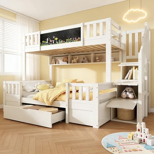 Letto a castello 90x200cm e140x200cm con lavagna ,scaletta contenitore,per 2-3 bambini,legno letto a soppalco con cassetti e scala armadio,struttura letto con vani portaoggetti,senza materasso(Bianco)