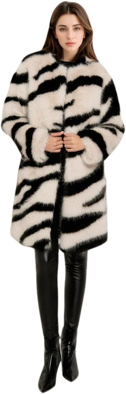 Women's Zebra Faux Fur Coat Lapel V-neck Cardigan Long Overcoat Thick Warm Fluffy Cape for Winter Club Cocktail