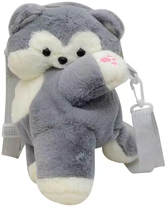Cute Plush Husky Dog Shoulder Messenger Bag, Plush Dog Crossbody Bag, Stuffed Animal Backpack for Women (Gray)